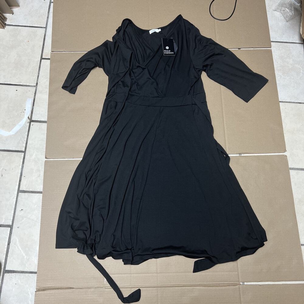 Pinup Fashion Black Fux Wrap Dress Plus Size 22W V-Neck Fit and Flare Midi NWT